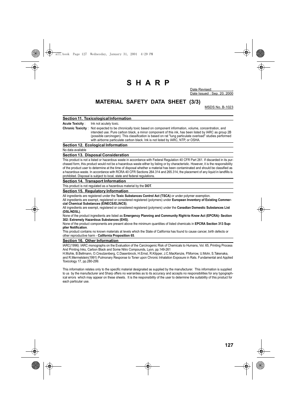 Material safety data sheet (3/3) | Sharp COLORINKJET AJ-5030 User Manual | Page 129 / 140