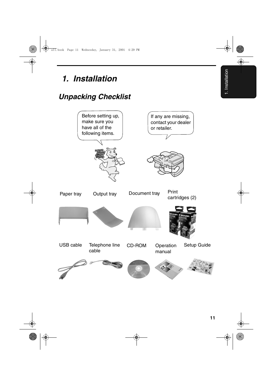 Installation, Unpacking checklist | Sharp COLORINKJET AJ-5030 User Manual | Page 13 / 140