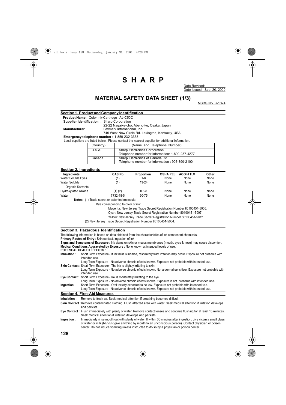 Material safety data sheet (1/3) | Sharp COLORINKJET AJ-5030 User Manual | Page 130 / 140