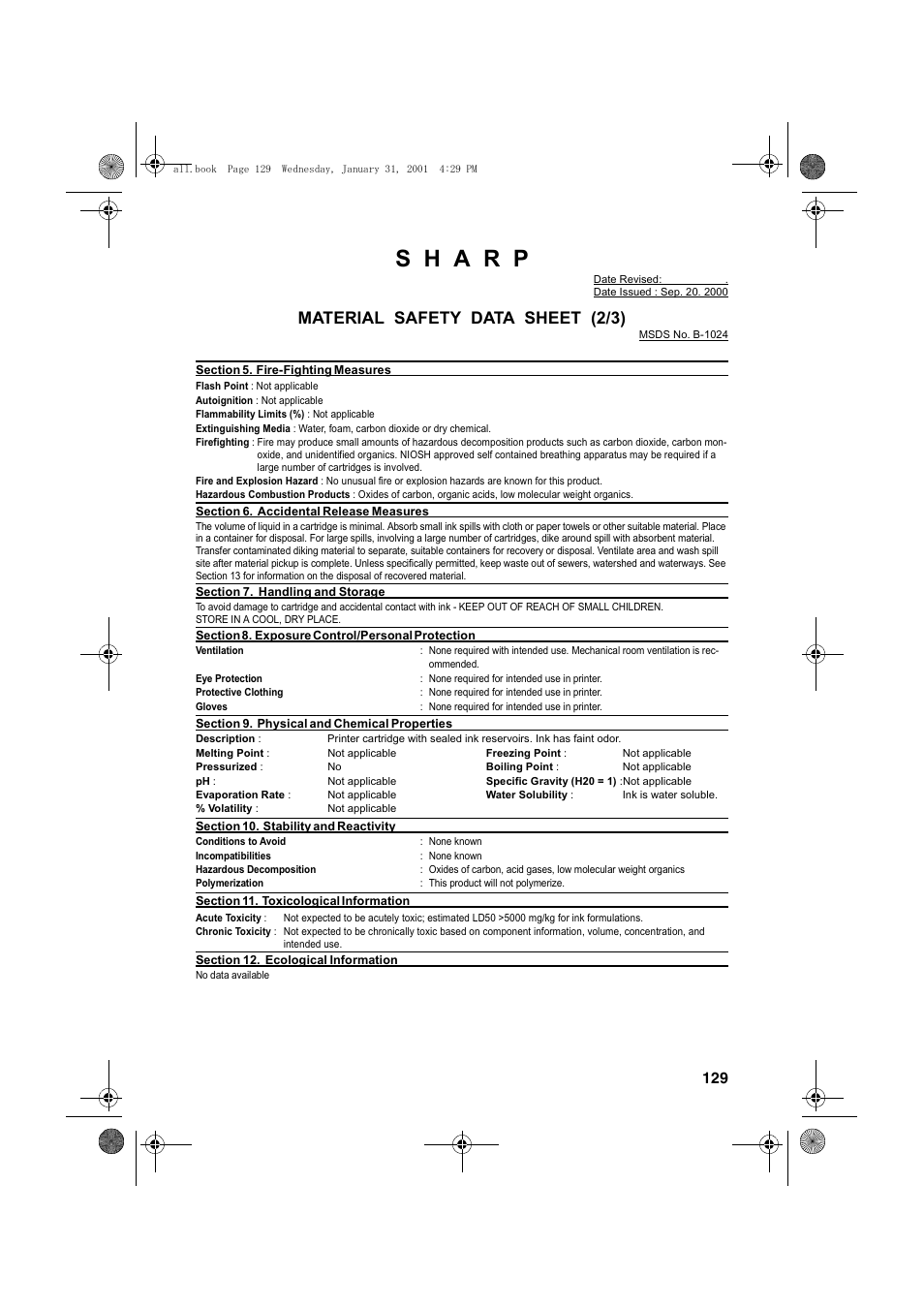 Material safety data sheet (2/3) | Sharp COLORINKJET AJ-5030 User Manual | Page 131 / 140