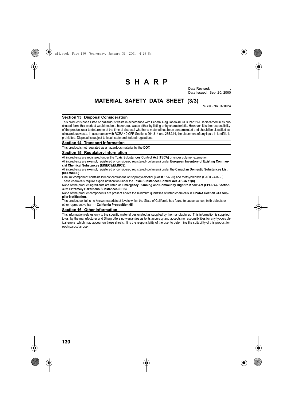 Material safety data sheet (3/3) | Sharp COLORINKJET AJ-5030 User Manual | Page 132 / 140