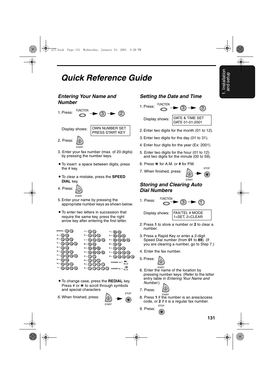 Quick reference guide, Entering your name and number, Setting the date and time | Storing and clearing auto dial numbers, 131 1. ins tall a tion and s e tu p | Sharp COLORINKJET AJ-5030 User Manual | Page 133 / 140