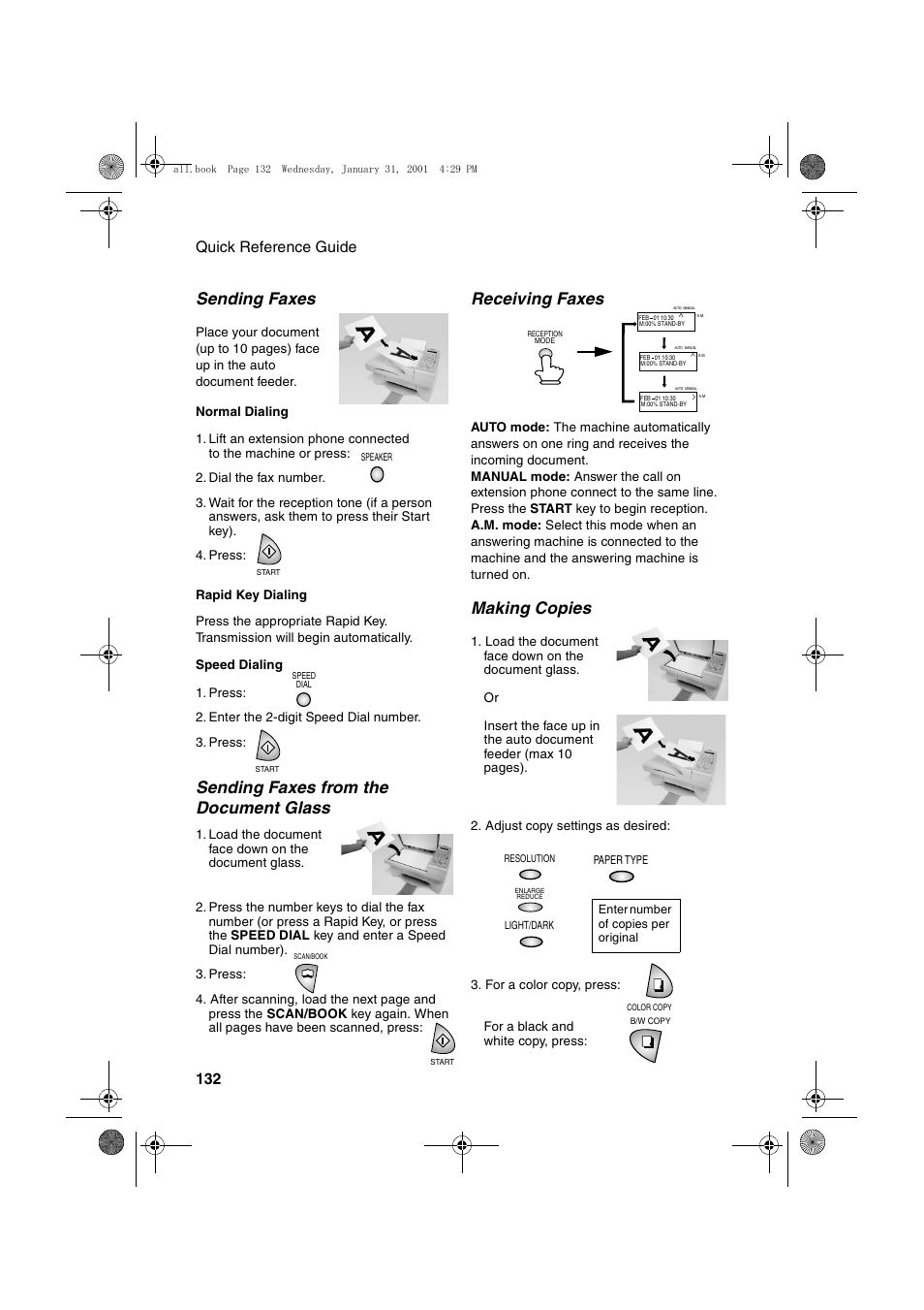 Sending faxes, Receiving faxes, Making copies | Sending faxes from the document glass, Quick reference guide 132 | Sharp COLORINKJET AJ-5030 User Manual | Page 134 / 140