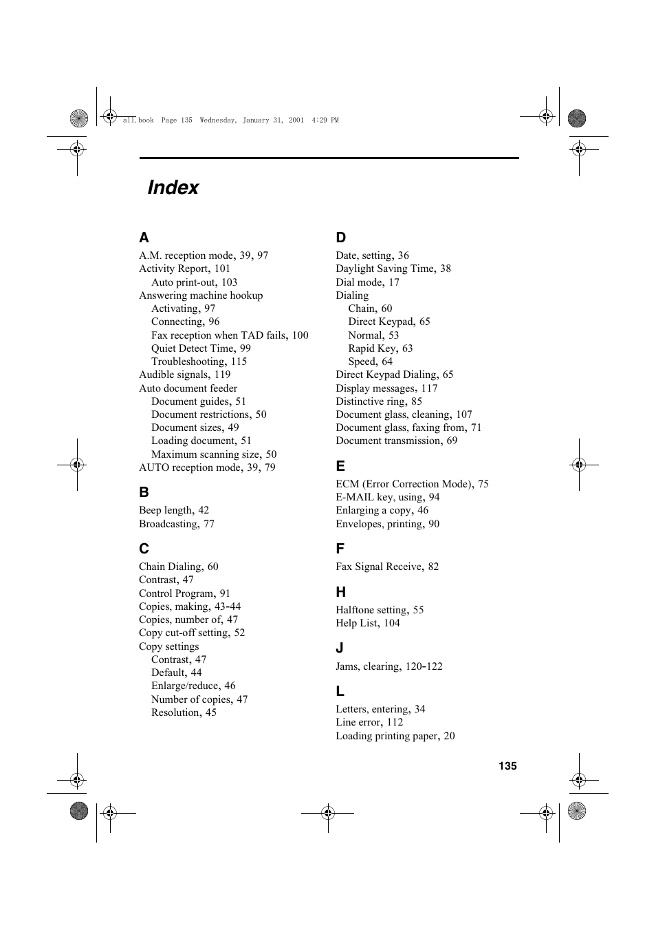 Index | Sharp COLORINKJET AJ-5030 User Manual | Page 137 / 140