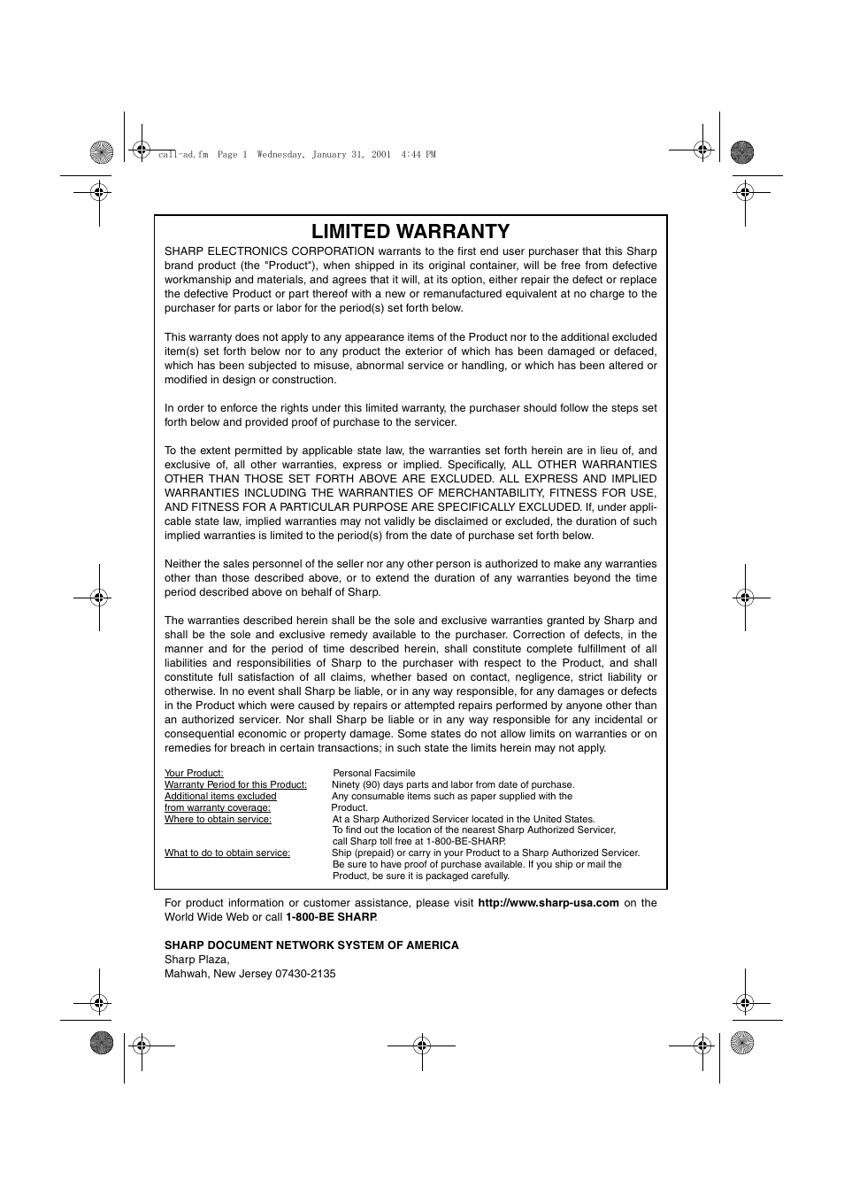 Limited warranty | Sharp COLORINKJET AJ-5030 User Manual | Page 139 / 140