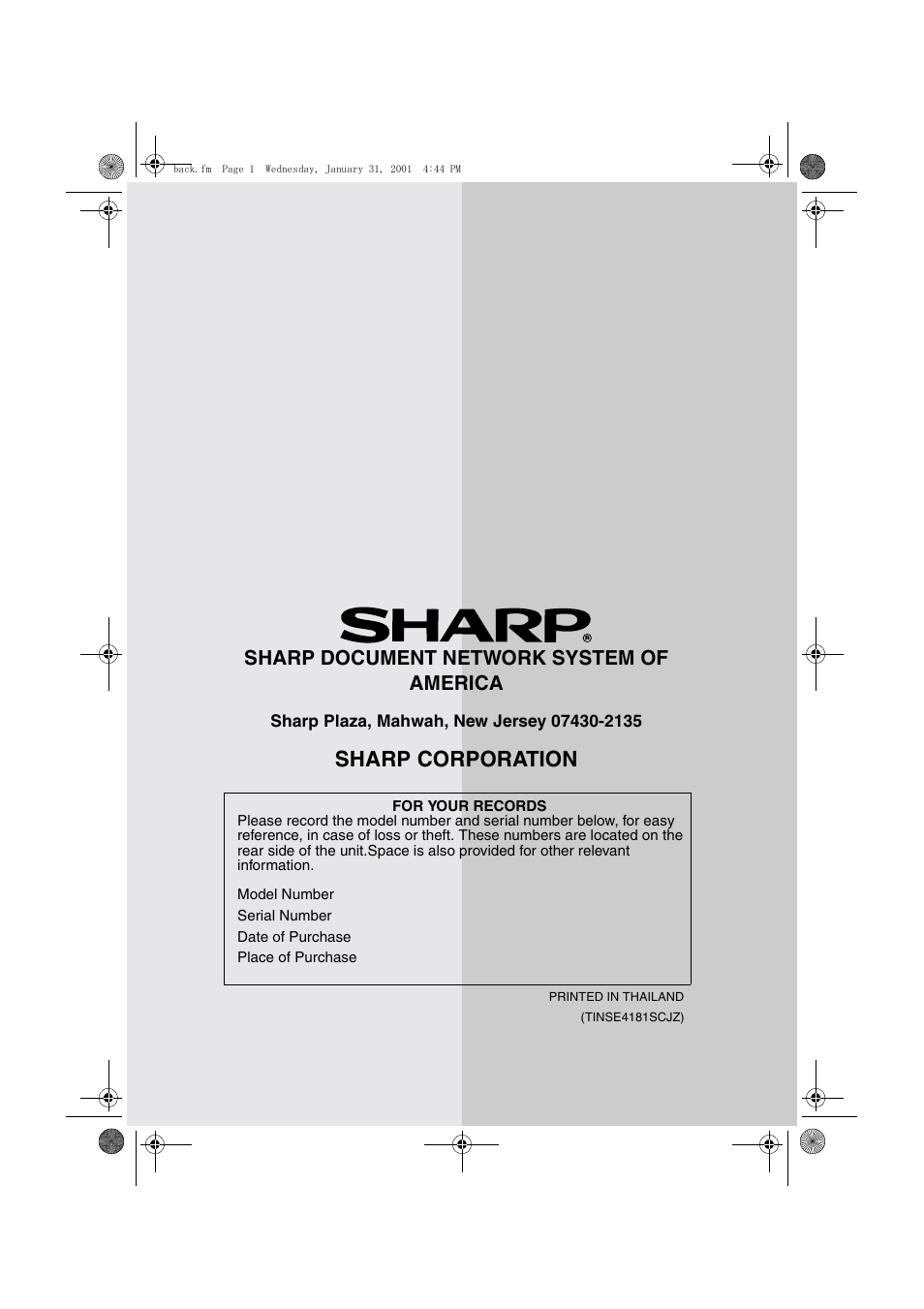 Sharp corporation, Sharp document network system of america | Sharp COLORINKJET AJ-5030 User Manual | Page 140 / 140