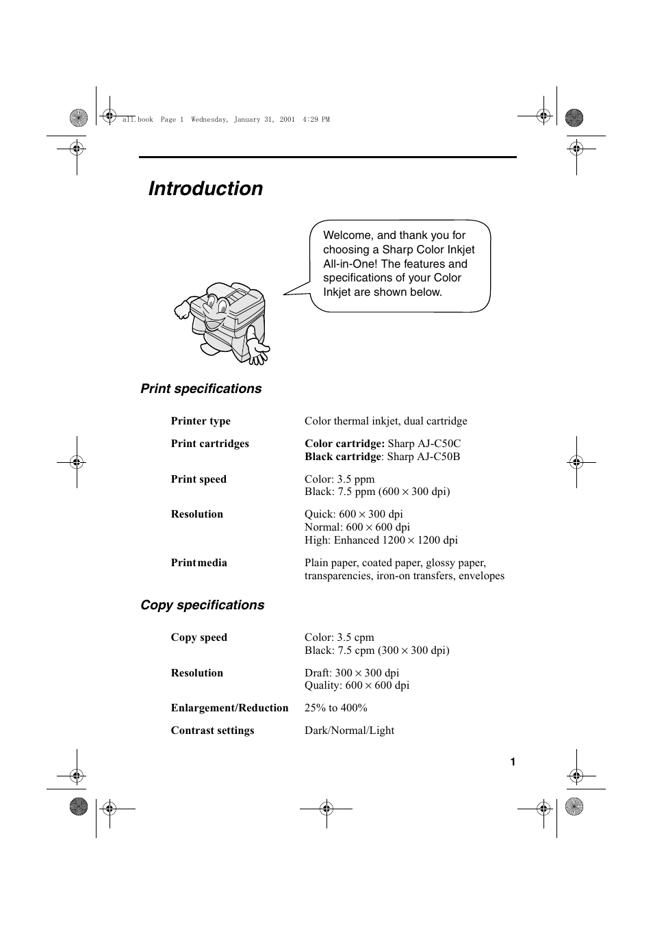 Introduction | Sharp COLORINKJET AJ-5030 User Manual | Page 3 / 140