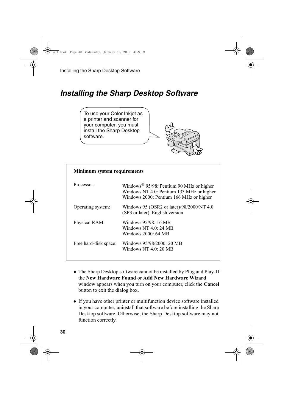 Installing the sharp desktop software | Sharp COLORINKJET AJ-5030 User Manual | Page 32 / 140