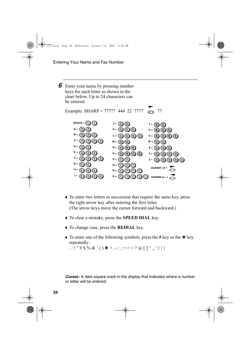Entering your name and fax number 34 | Sharp COLORINKJET AJ-5030 User Manual | Page 36 / 140