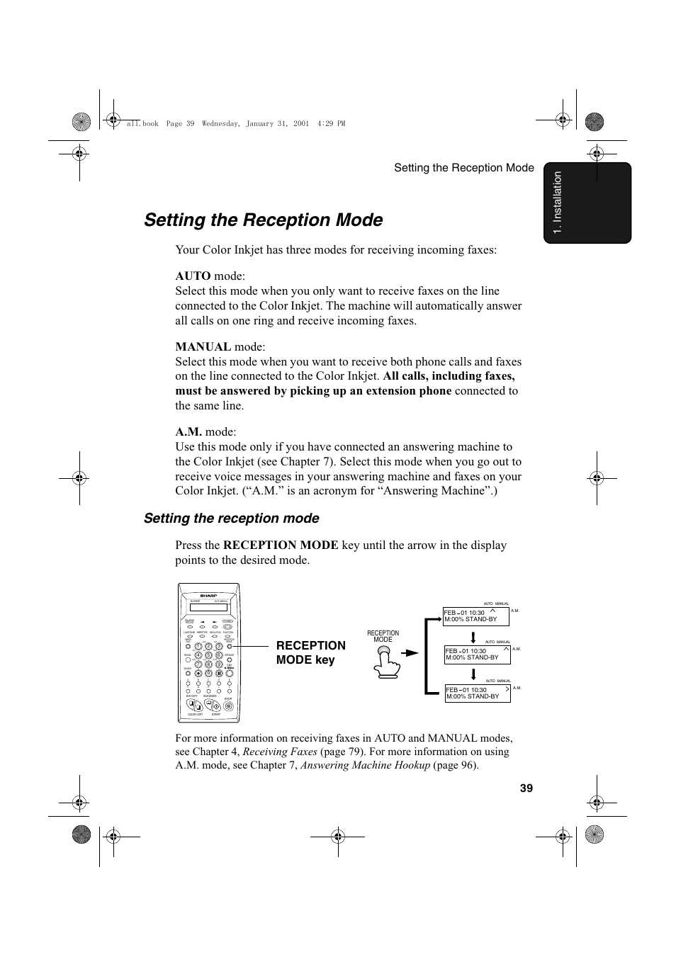 Setting the reception mode, Reception mode key, Setting the reception mode 39 1. ins tall a tion | Sharp COLORINKJET AJ-5030 User Manual | Page 41 / 140