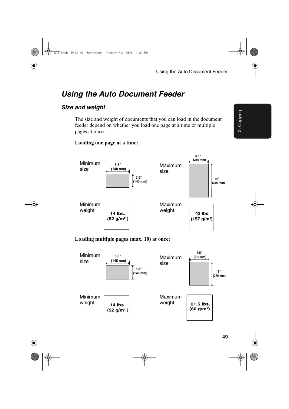 Using the auto document feeder, Size and weight | Sharp COLORINKJET AJ-5030 User Manual | Page 51 / 140