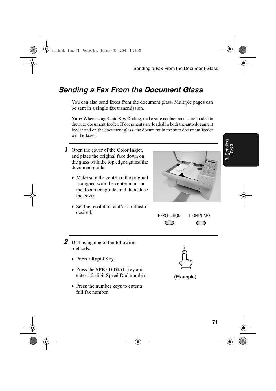 Sending a fax from the document glass | Sharp COLORINKJET AJ-5030 User Manual | Page 73 / 140