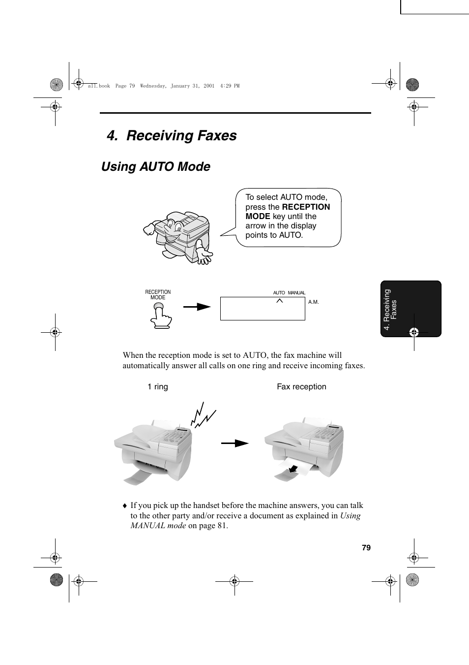 Receiving faxes, Using auto mode | Sharp COLORINKJET AJ-5030 User Manual | Page 81 / 140