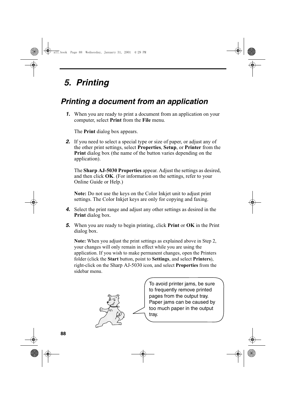 Printing, Printing a document from an application | Sharp COLORINKJET AJ-5030 User Manual | Page 90 / 140