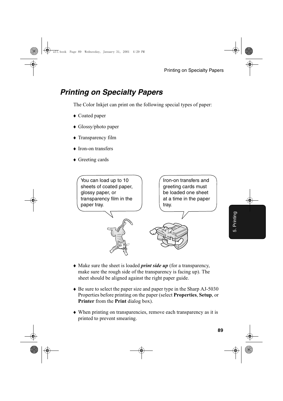 Printing on specialty papers | Sharp COLORINKJET AJ-5030 User Manual | Page 91 / 140