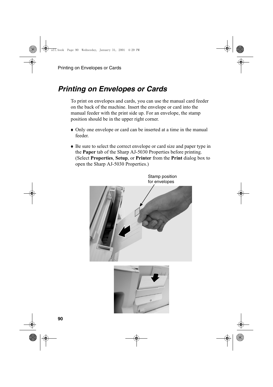 Printing on envelopes or cards | Sharp COLORINKJET AJ-5030 User Manual | Page 92 / 140