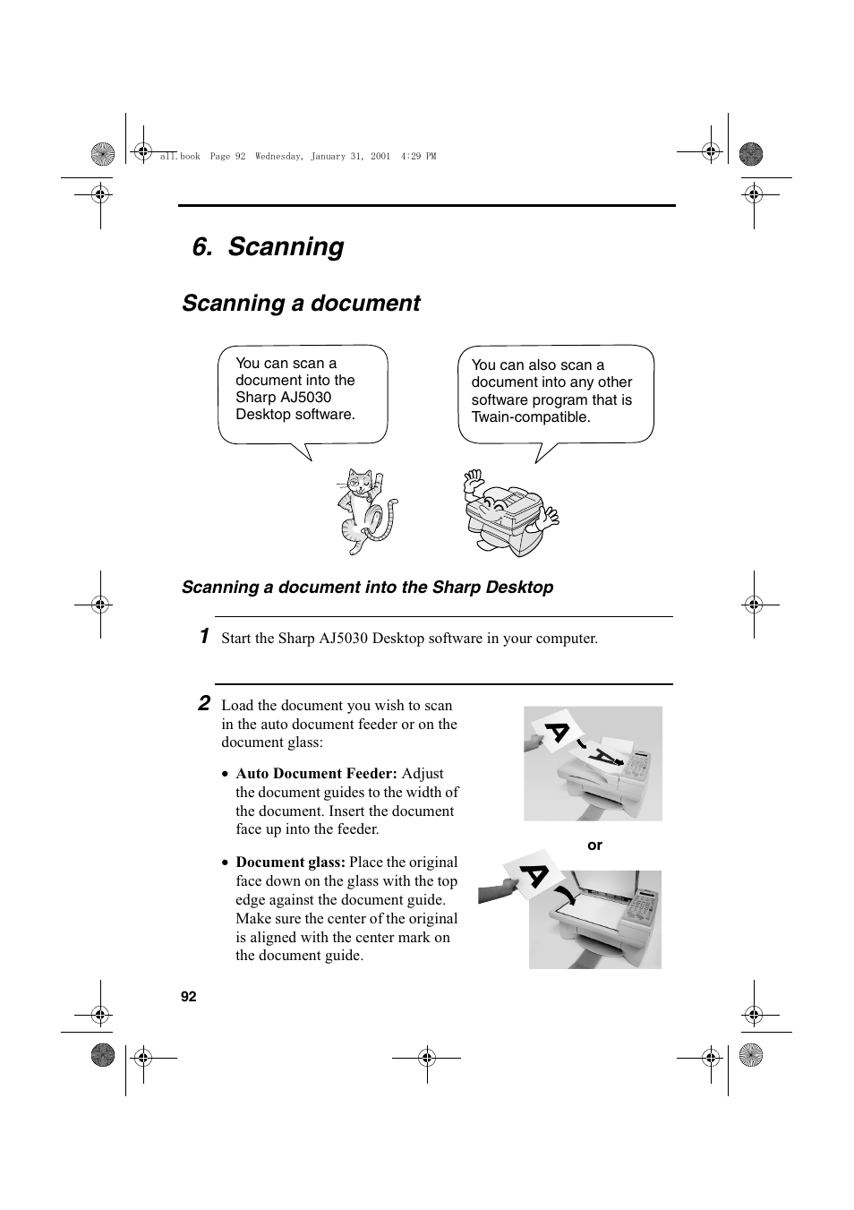 Scanning, Scanning a document | Sharp COLORINKJET AJ-5030 User Manual | Page 94 / 140