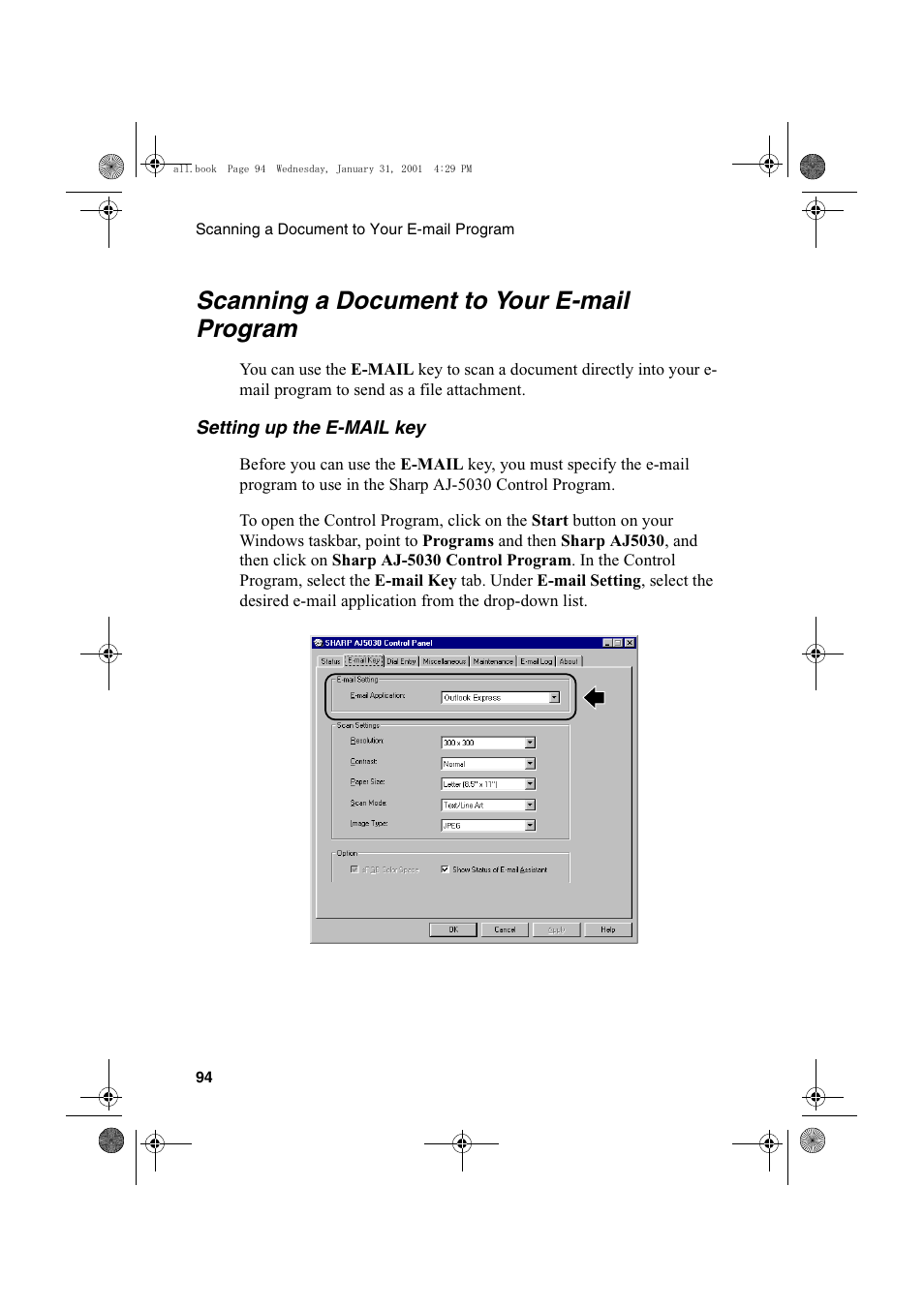 Scanning a document to your e-mail program | Sharp COLORINKJET AJ-5030 User Manual | Page 96 / 140