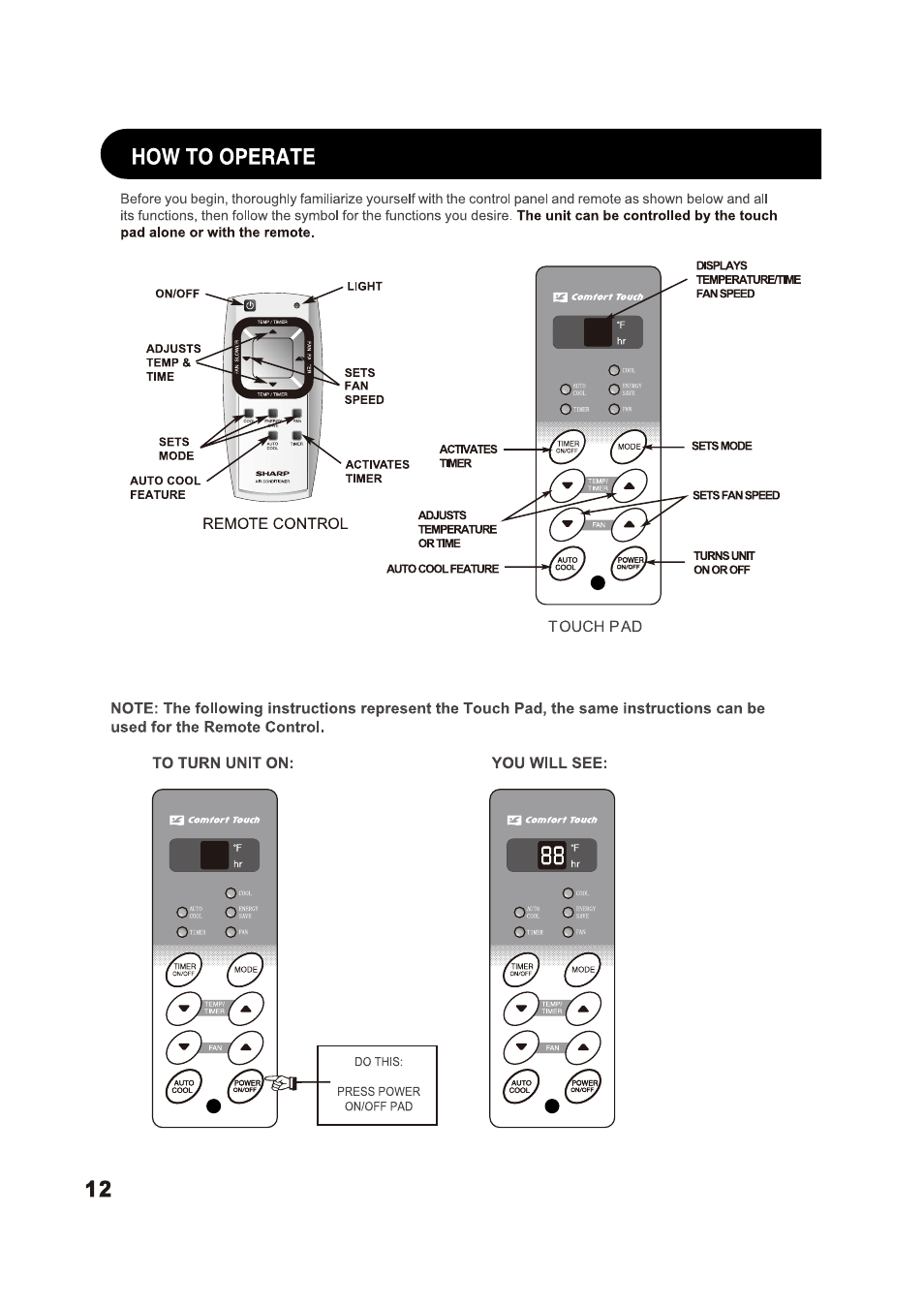 How to operate, Remote control, Touch pad | Sharp AF-S85NX User Manual | Page 12 / 20