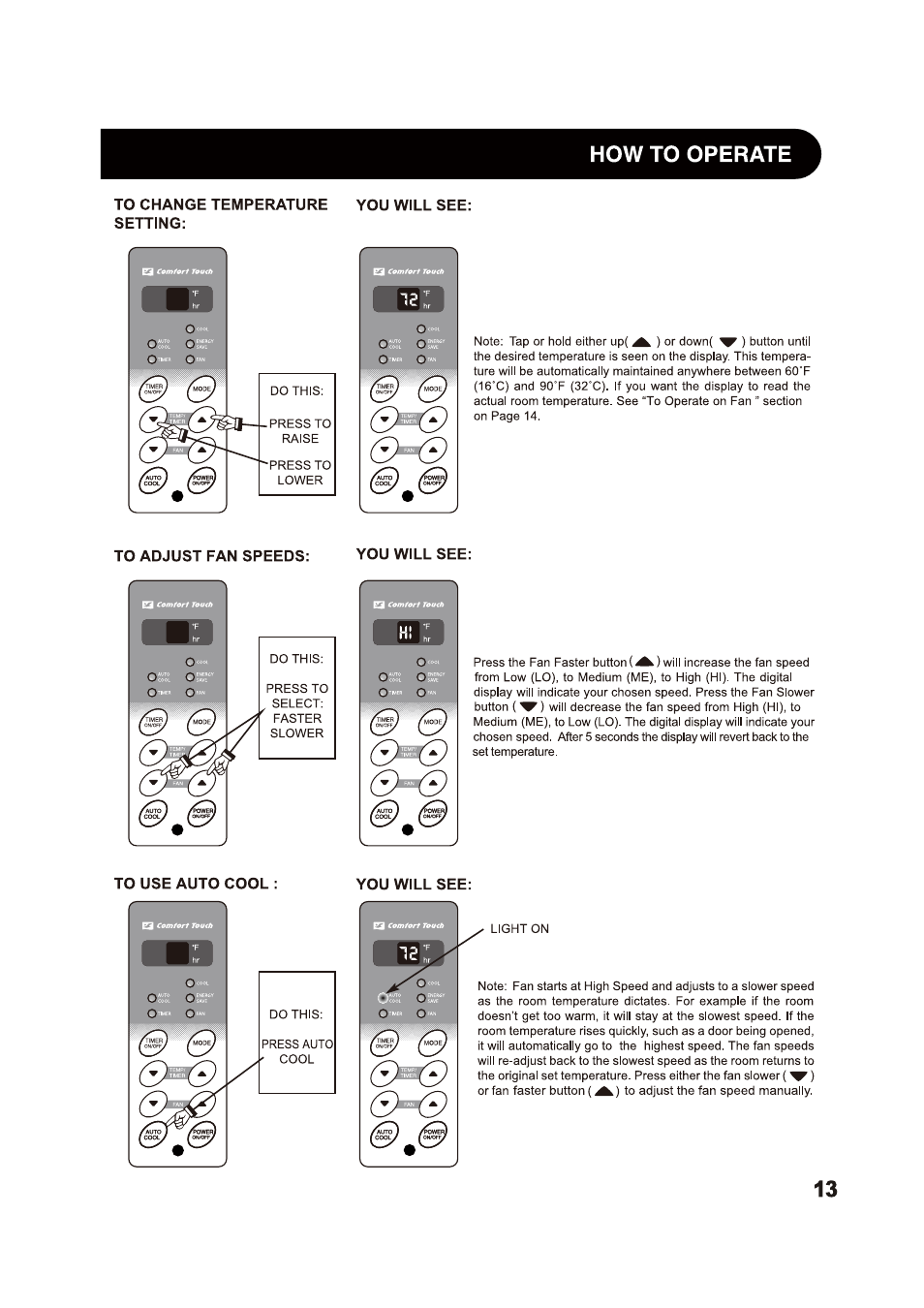 To change temperature setting, To adjust fan speeds, To use auto cool | You will see, Toadjust fan speeds, How to operate | Sharp AF-S85NX User Manual | Page 13 / 20