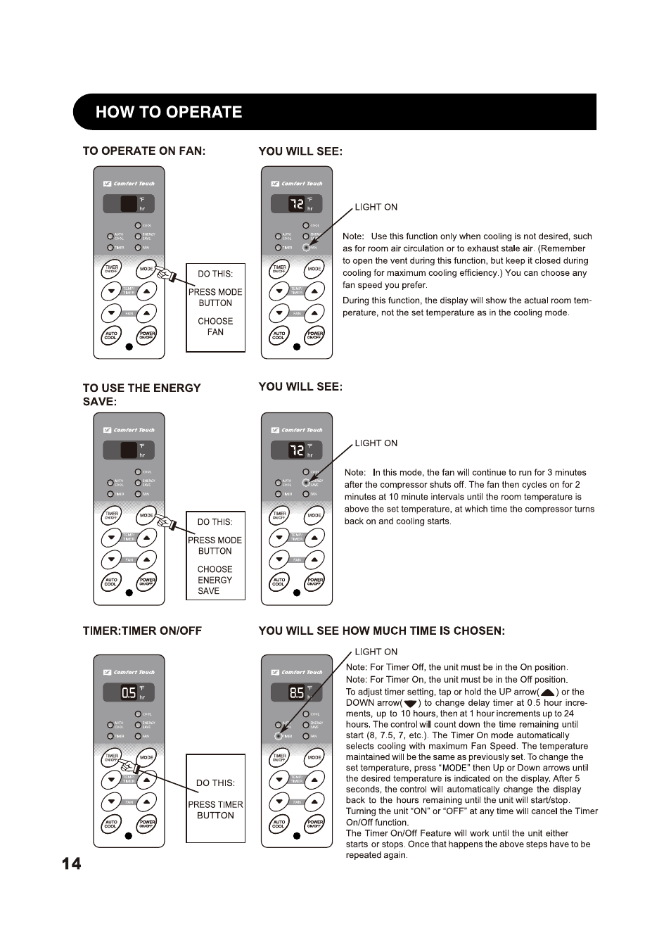 To operate on fan, You will see, To use the energy save | You will see how much time is chosen, How to operate | Sharp AF-S85NX User Manual | Page 14 / 20