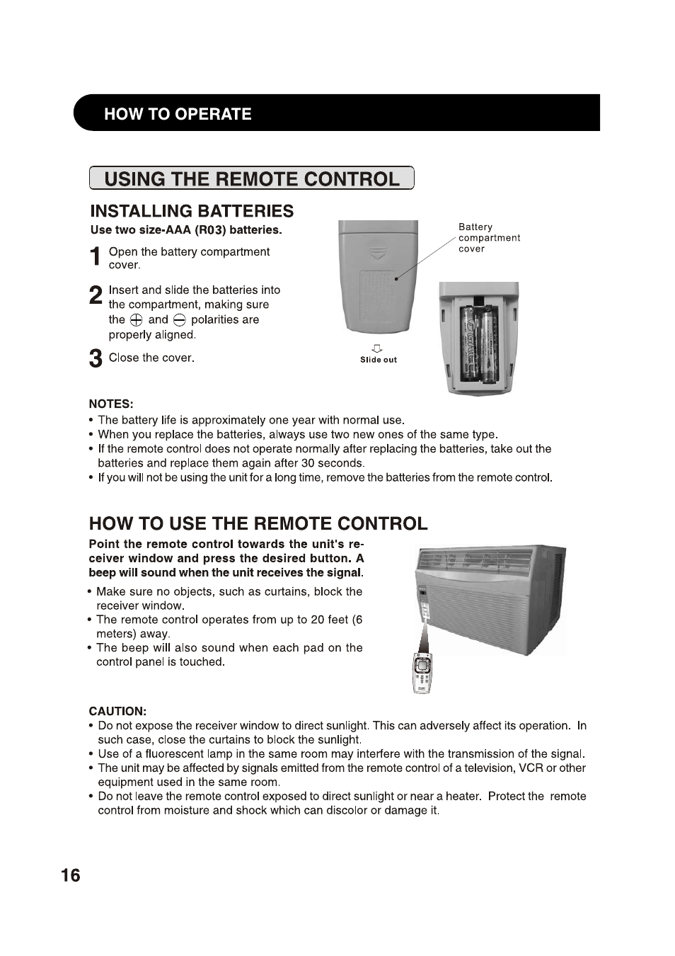 Using the remote control, Installing batteries, How to use the remote control | Sharp AF-S85NX User Manual | Page 16 / 20