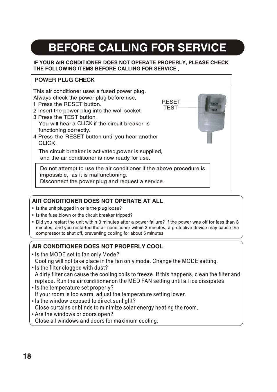 Before calling for service | Sharp AF-S85NX User Manual | Page 18 / 20