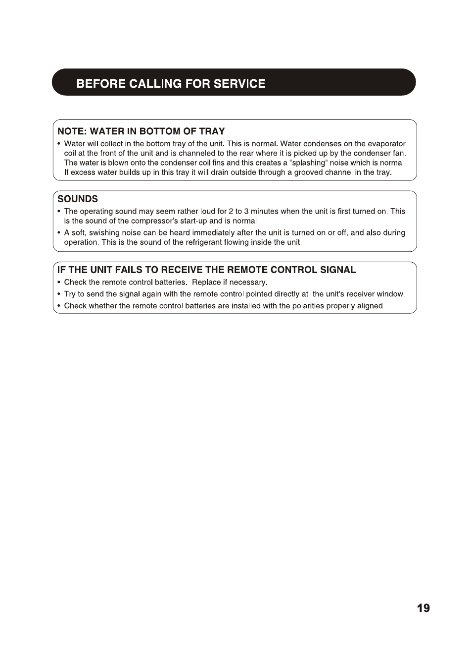 Before calling for service, Note: water in bottom of tray, Sounds | Sharp AF-S85NX User Manual | Page 19 / 20