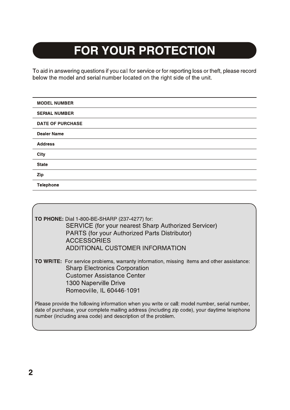 For your protection | Sharp AF-S85NX User Manual | Page 2 / 20