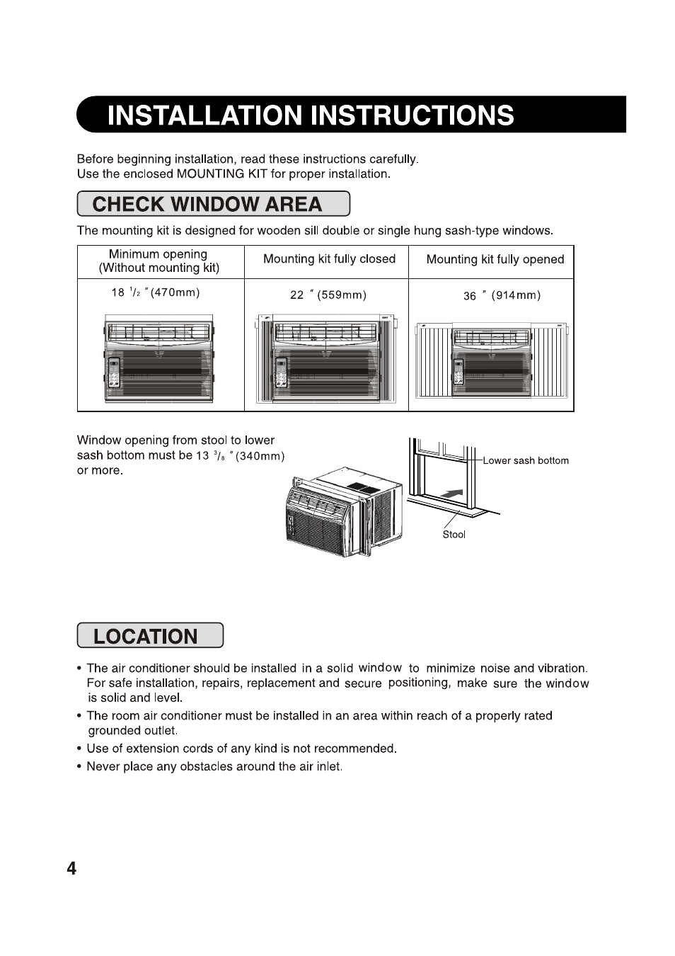 Installation instructions, Check window area, Location | Check window area • location | Sharp AF-S85NX User Manual | Page 4 / 20