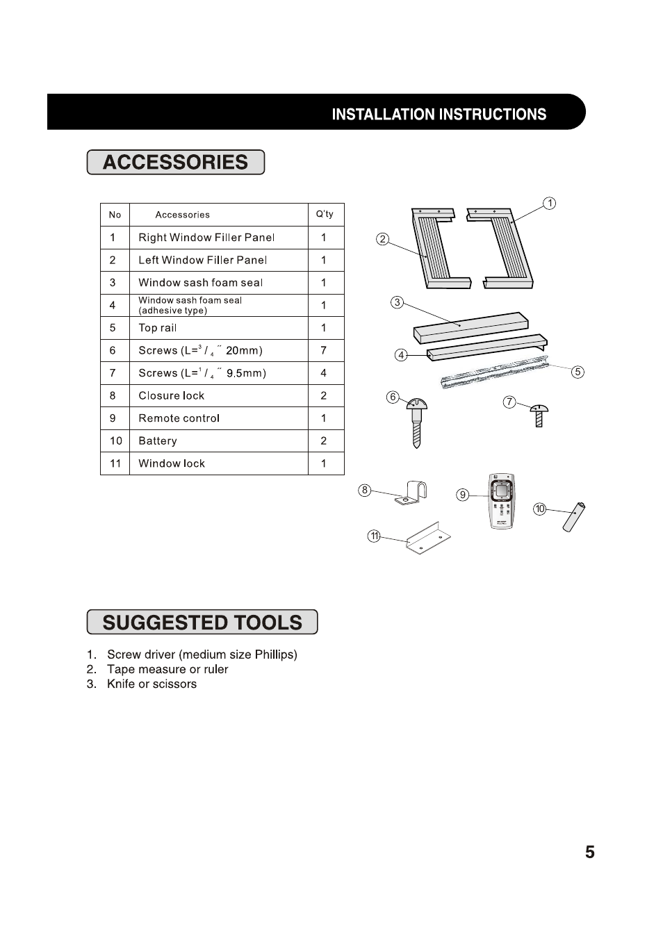 Accessories, Suggested tools, Accessories • suggested tools | Installation instructions | Sharp AF-S85NX User Manual | Page 5 / 20