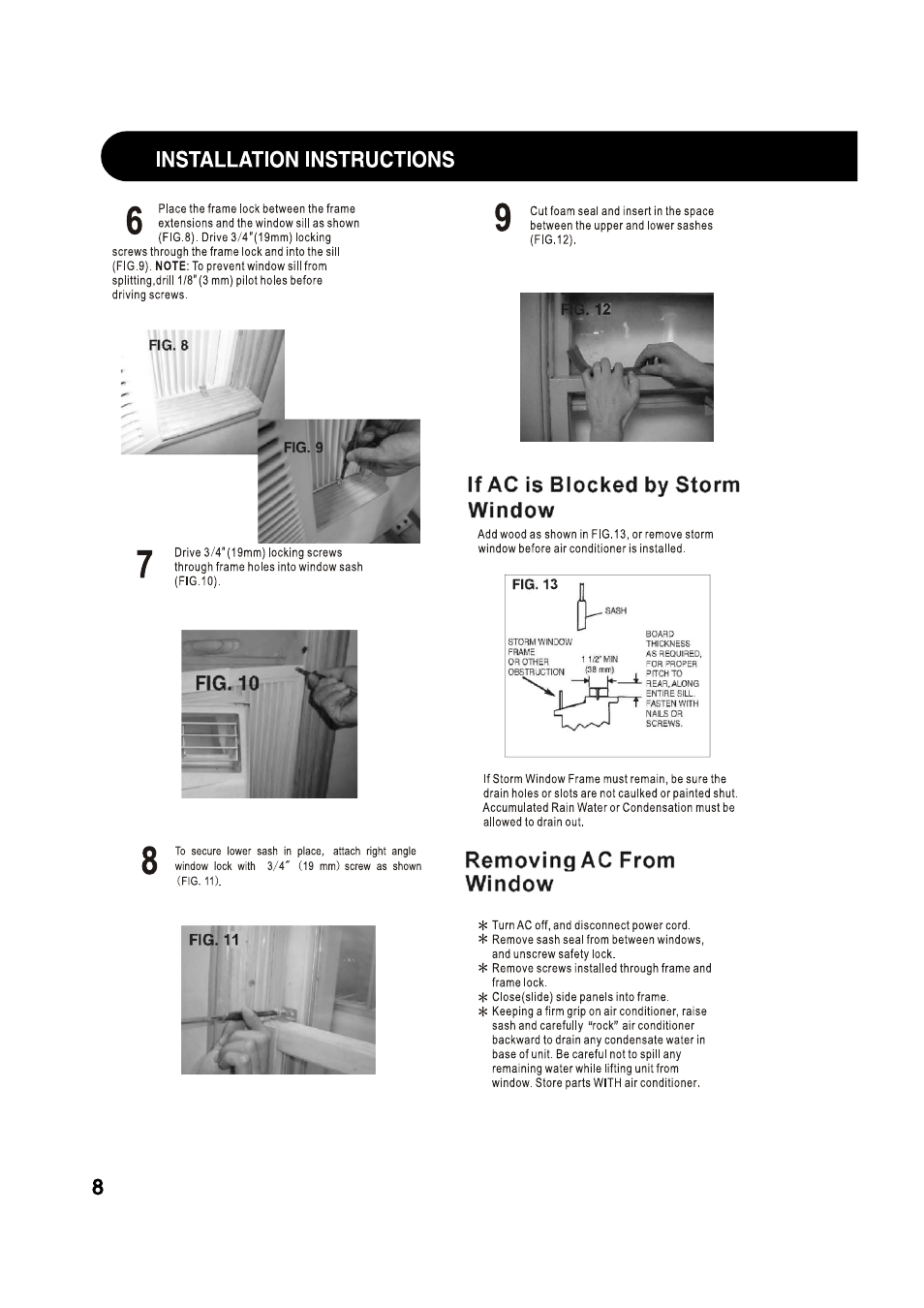 If ac is blocked by storm window, Removing ac from window, Installation instructions | Sharp AF-S85NX User Manual | Page 8 / 20