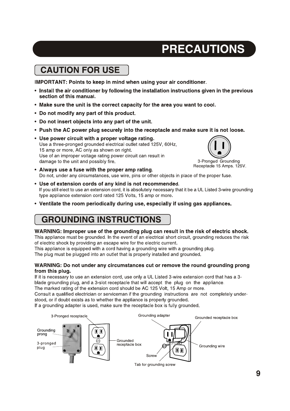 Precautions, Caution for use, Do not modify any part of this product | Do not insert objects into any part of the unit, Use power circuit with a proper voltage rating, Always use a fuse with the proper amp rating, Grounding instructions | Sharp AF-S85NX User Manual | Page 9 / 20