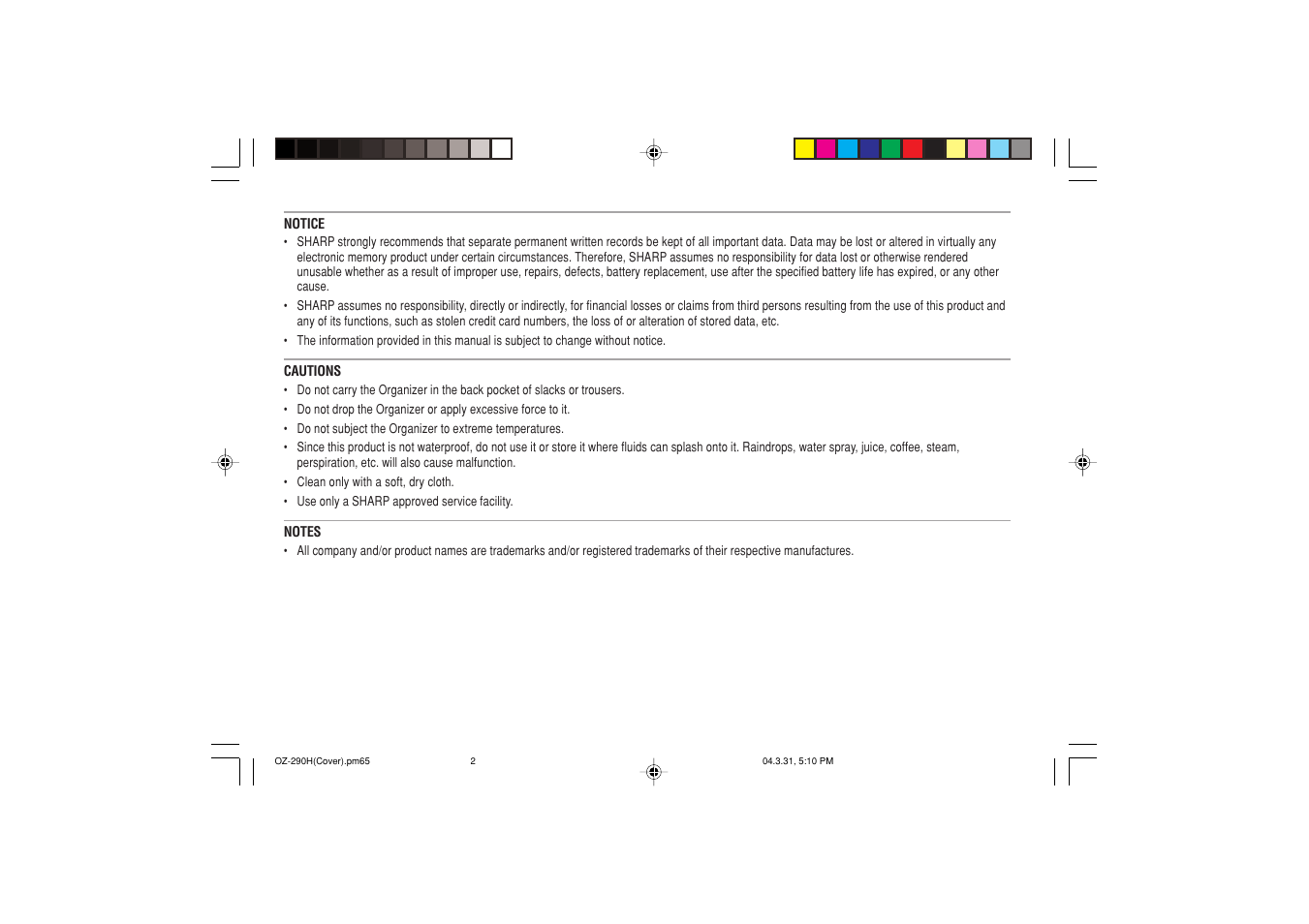 Sharp OZ-290H User Manual | Page 2 / 76