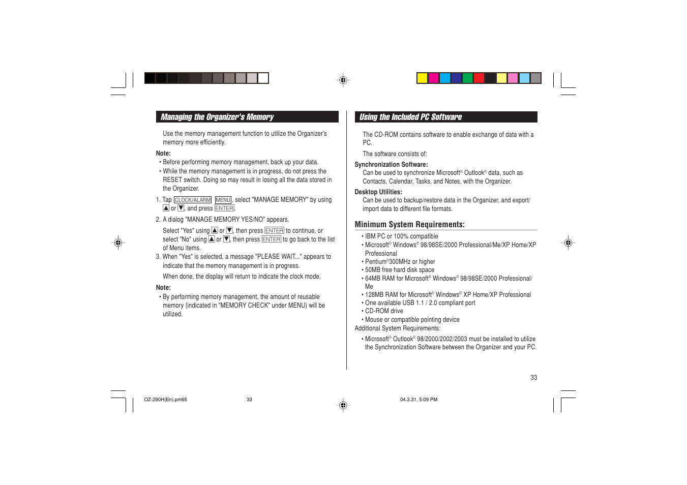 Using the included pc software | Sharp OZ-290H User Manual | Page 35 / 76