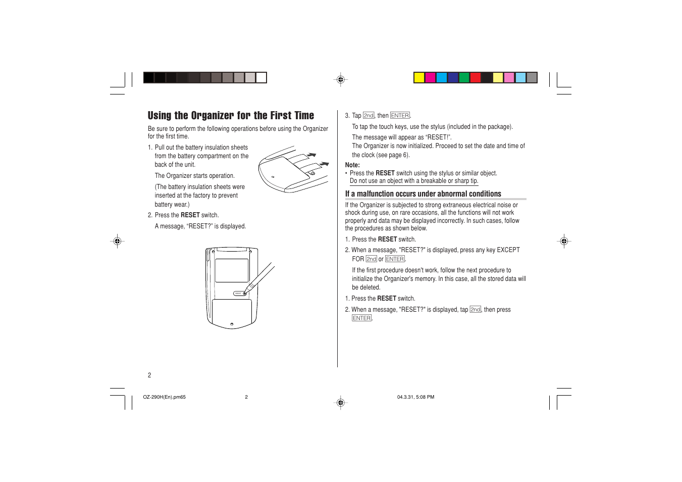 Using the organizer for the first time | Sharp OZ-290H User Manual | Page 4 / 76
