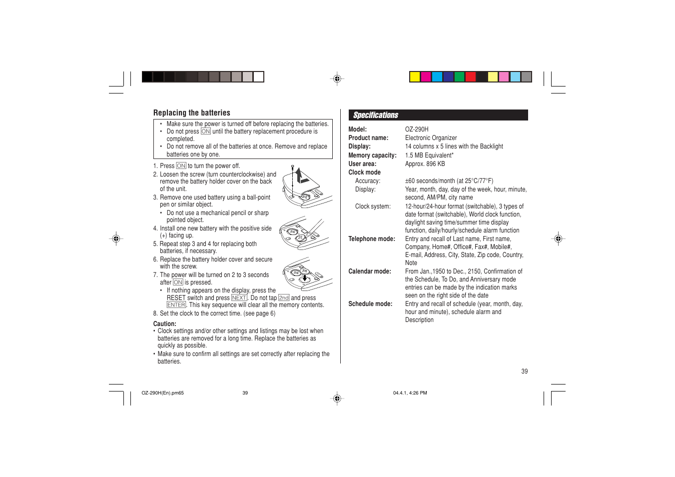 Reset, Reset re set | Sharp OZ-290H User Manual | Page 41 / 76