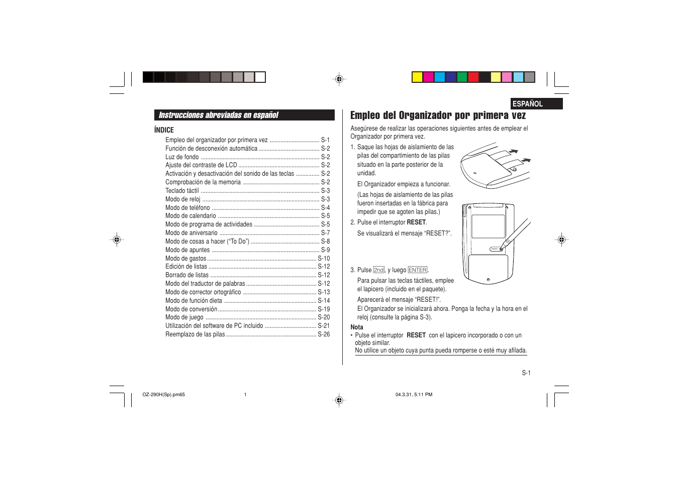 Empleo del organizador por primera vez, Instrucciones abreviadas en español | Sharp OZ-290H User Manual | Page 47 / 76