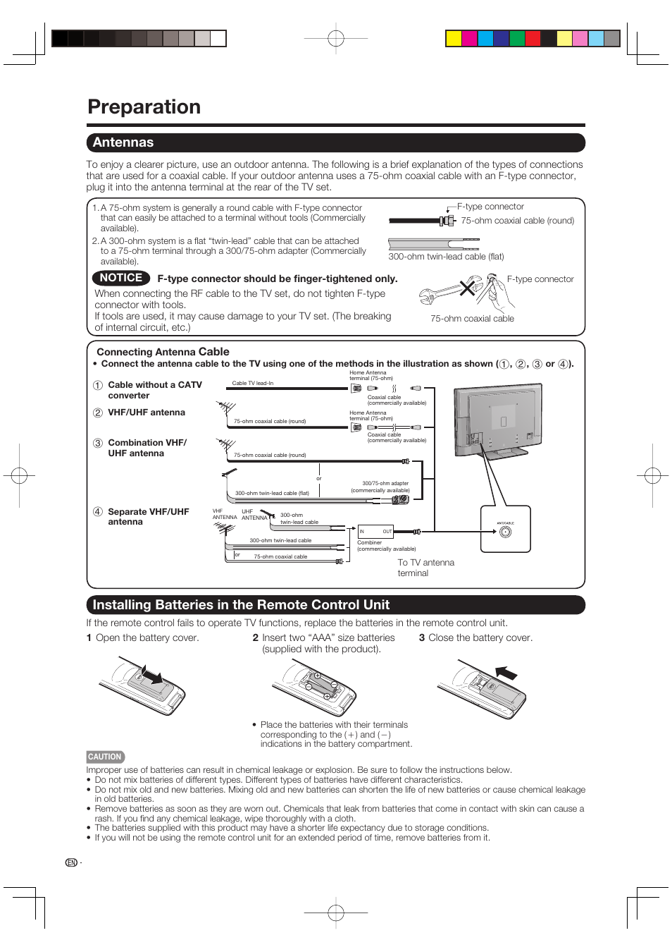 Preparation, Antennas, Installing batteries in the remote control unit | Cable, Notice | Sharp Aquos LC 46D85UN User Manual | Page 10 / 47