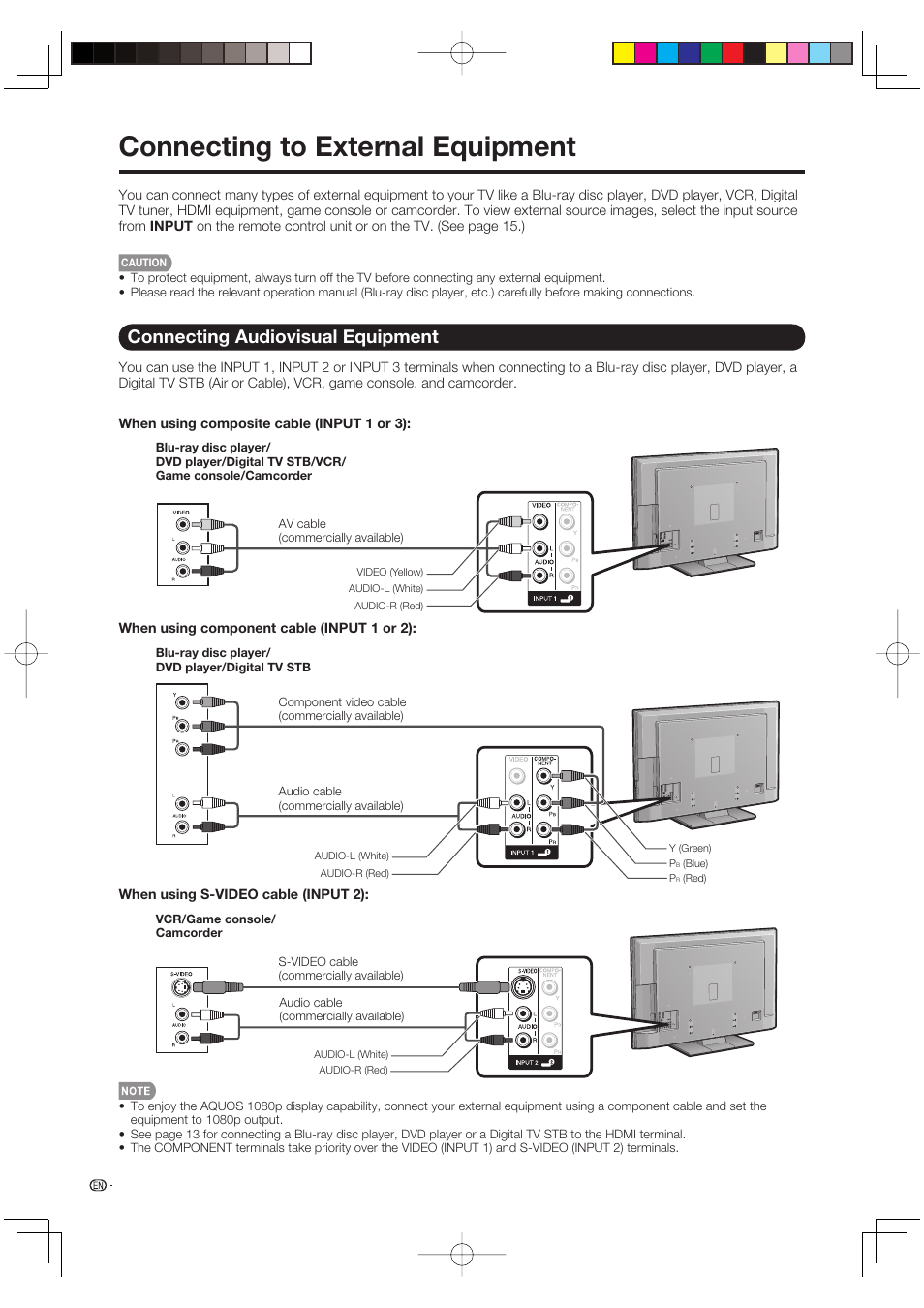 Connecting to external equipment, Connecting audiovisual equipment | Sharp Aquos LC 46D85UN User Manual | Page 14 / 47
