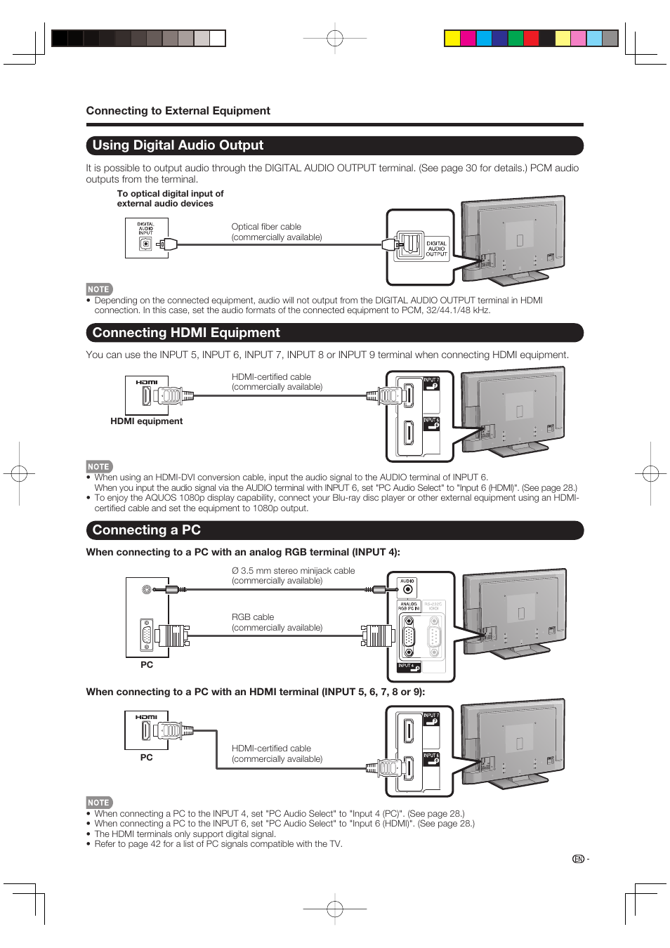 Using digital audio output, Connecting hdmi equipment, Connecting a pc | Sharp Aquos LC 46D85UN User Manual | Page 15 / 47