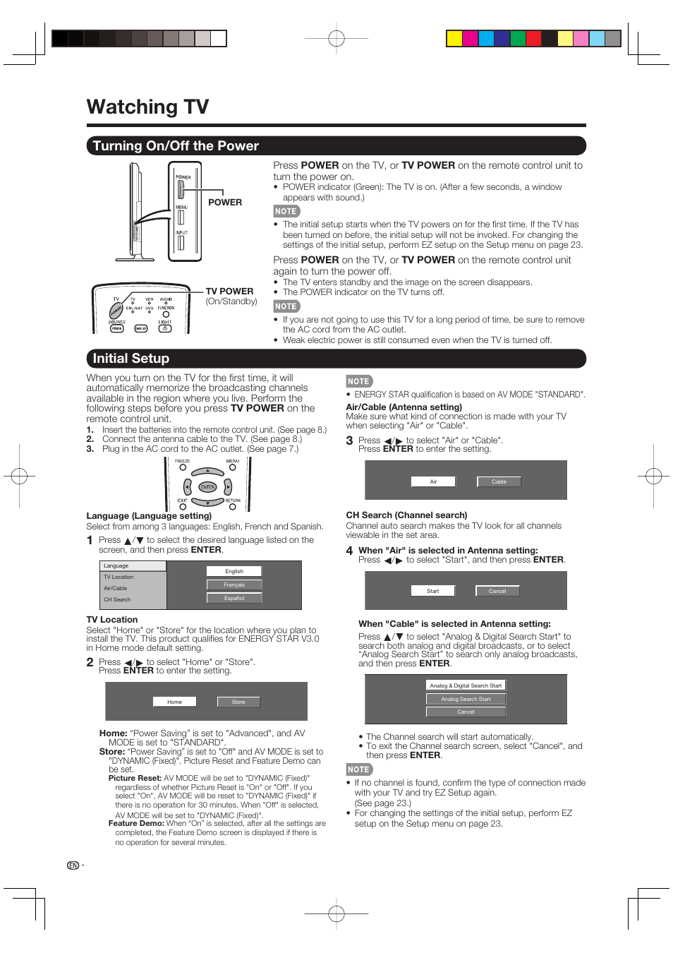 Watching tv, Turning on/off the power, Initial setup | Sharp Aquos LC 46D85UN User Manual | Page 16 / 47