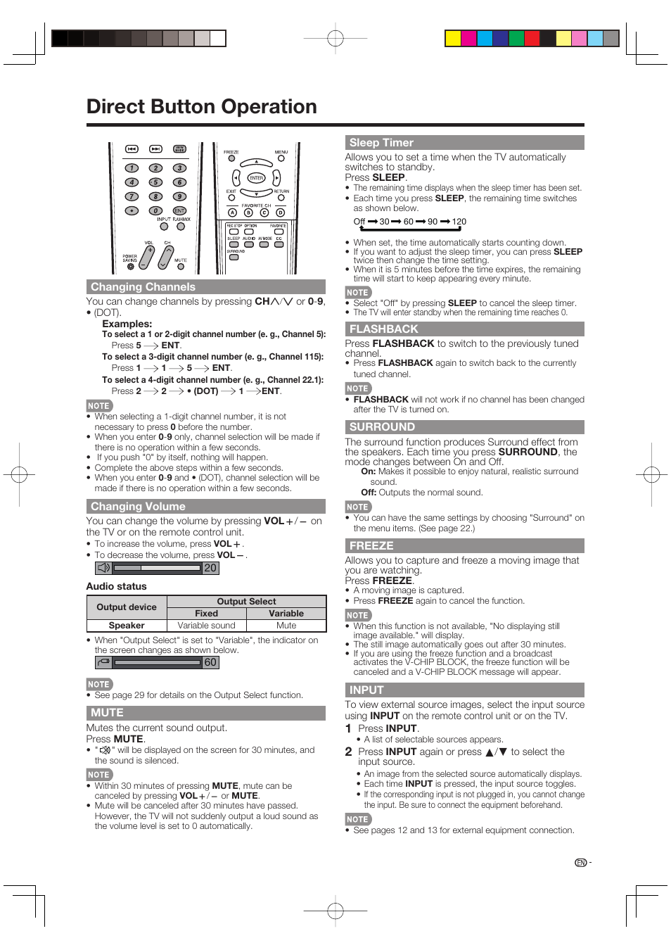 Direct button operation, Changing channels, Changing volume | Mute, Sleep timer, Flashback, Surround, Freeze, Input | Sharp Aquos LC 46D85UN User Manual | Page 17 / 47