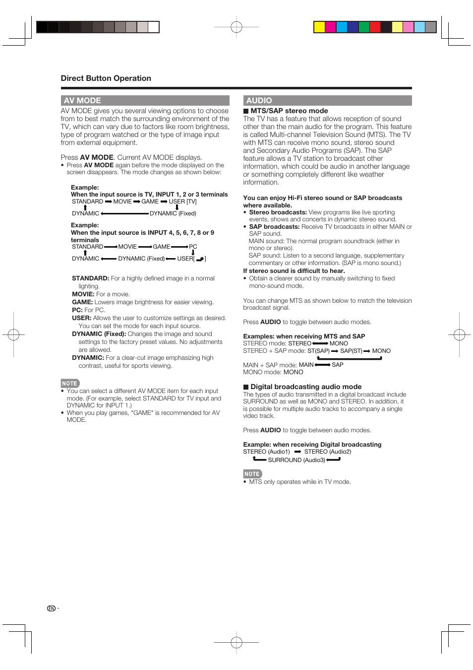 Av mode, Audio, Direct button operation audio | Sharp Aquos LC 46D85UN User Manual | Page 18 / 47