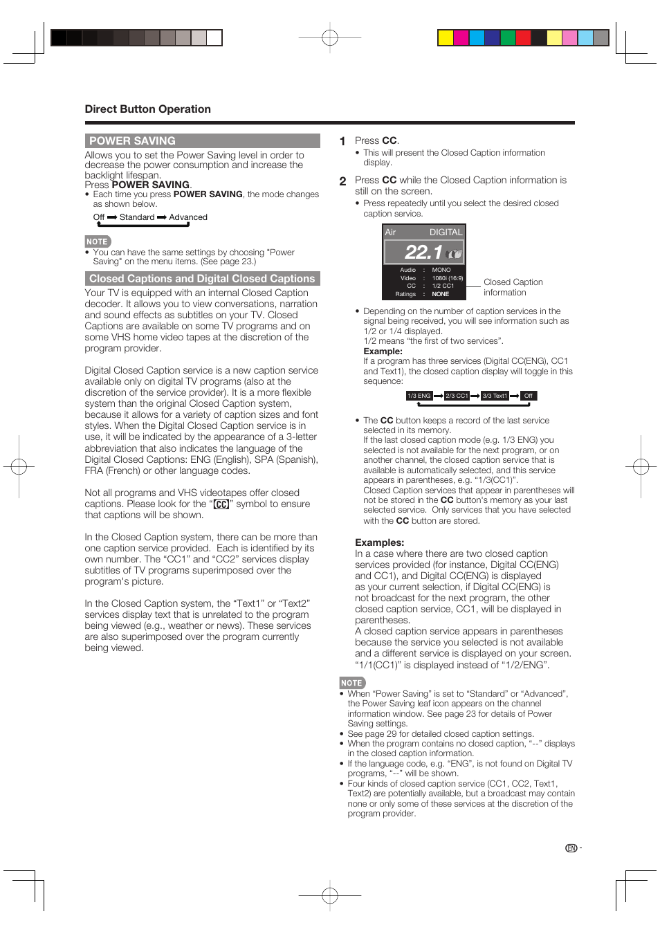 Power saving, Closed captions and digital closed captions, Direct button operation | Sharp Aquos LC 46D85UN User Manual | Page 19 / 47