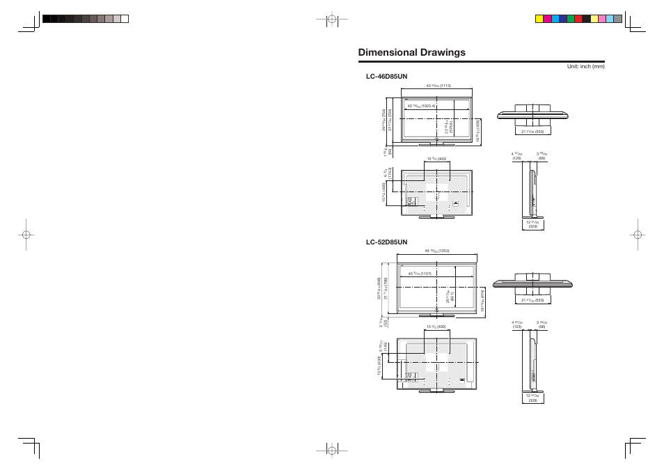 Dimensional drawings, Unit: inch (mm) | Sharp Aquos LC 46D85UN User Manual | Page 2 / 47