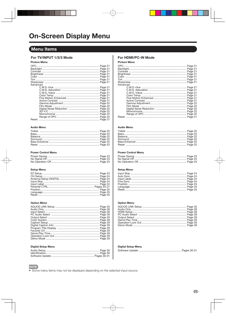 On-screen display menu, Menu items | Sharp Aquos LC 46D85UN User Manual | Page 21 / 47