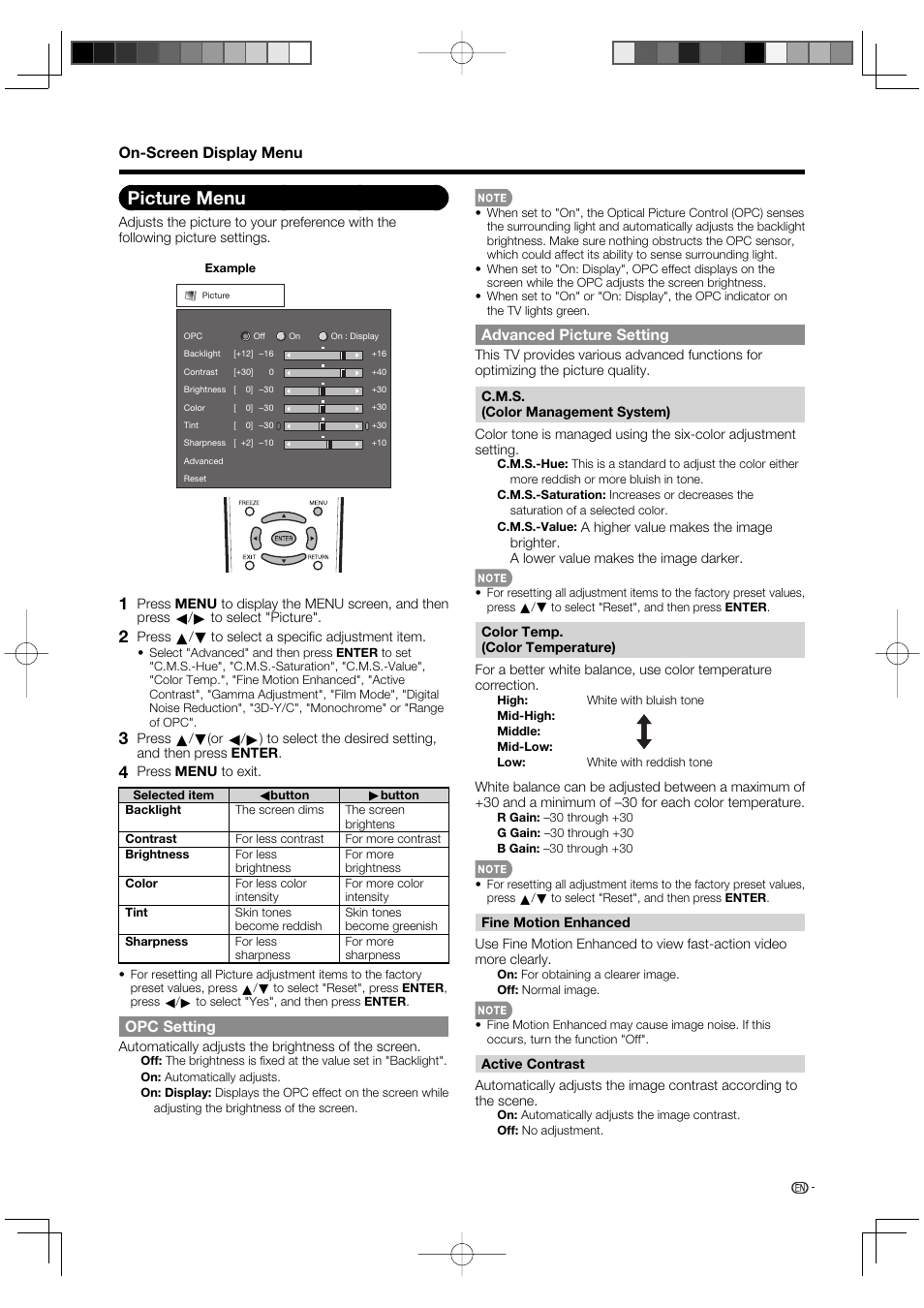 Picture menu, Opc setting, Advanced picture setting | On-screen display menu | Sharp Aquos LC 46D85UN User Manual | Page 23 / 47