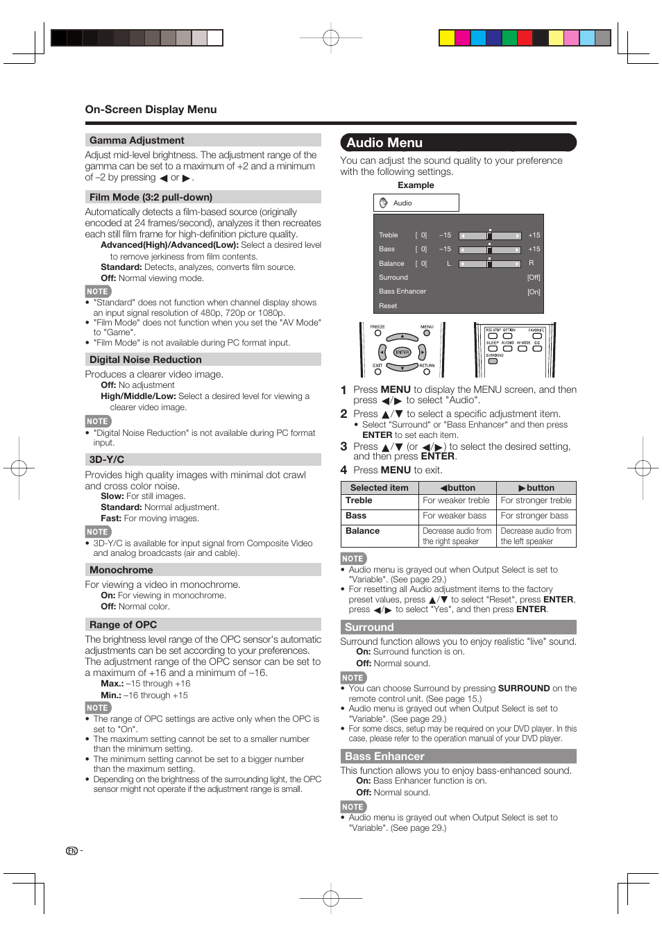 Audio menu, Surround, Bass enhancer | Sharp Aquos LC 46D85UN User Manual | Page 24 / 47