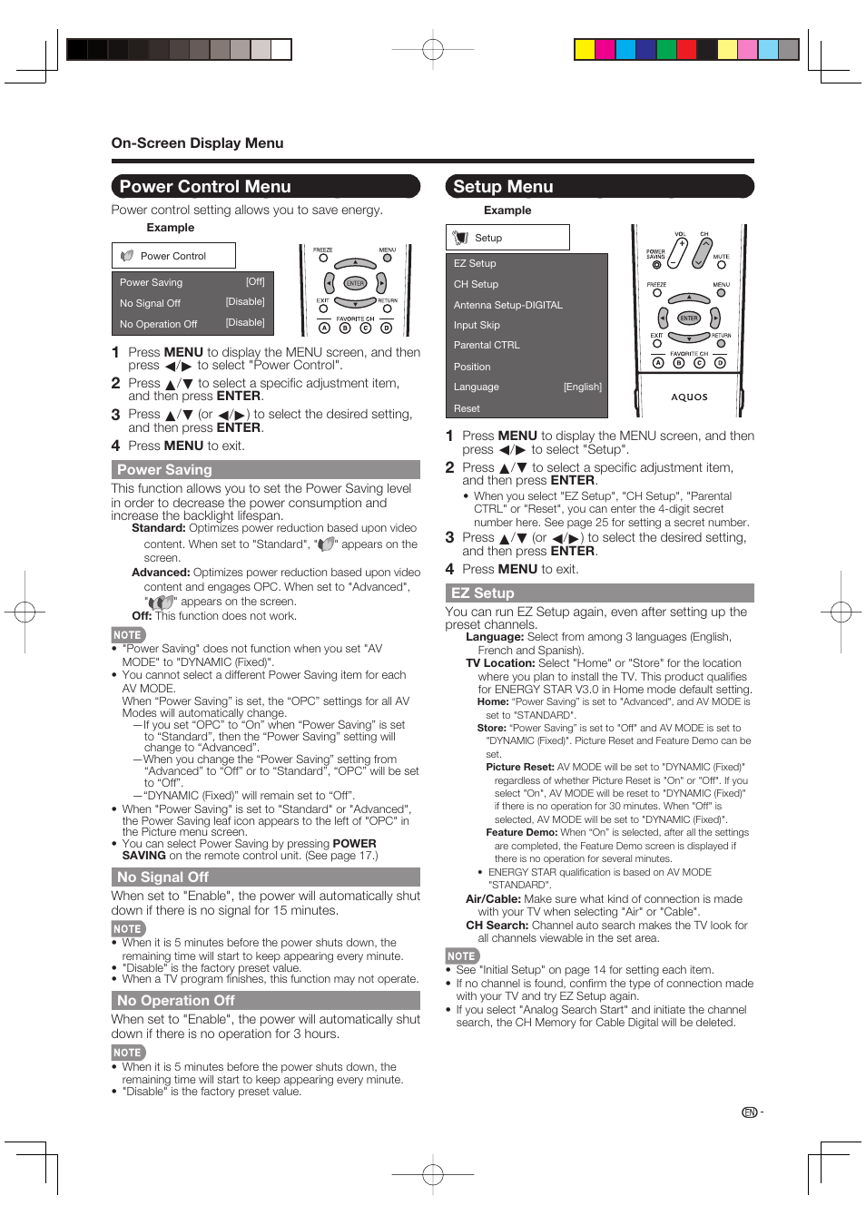 Power control menu, Power saving, No signal off | No operation off, Setup menu, Ez setup | Sharp Aquos LC 46D85UN User Manual | Page 25 / 47